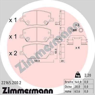 Zimmermann 22165.200.2 - Тормозные колодки, дисковые, комплект autospares.lv