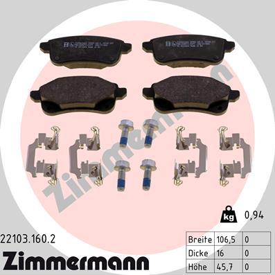 Zimmermann 22103.160.2 - Тормозные колодки, дисковые, комплект autospares.lv