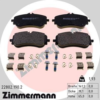 Zimmermann 22802.190.2 - Тормозные колодки, дисковые, комплект autospares.lv