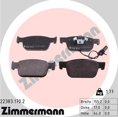 Zimmermann 22383.170.2 - Тормозные колодки, дисковые, комплект autospares.lv