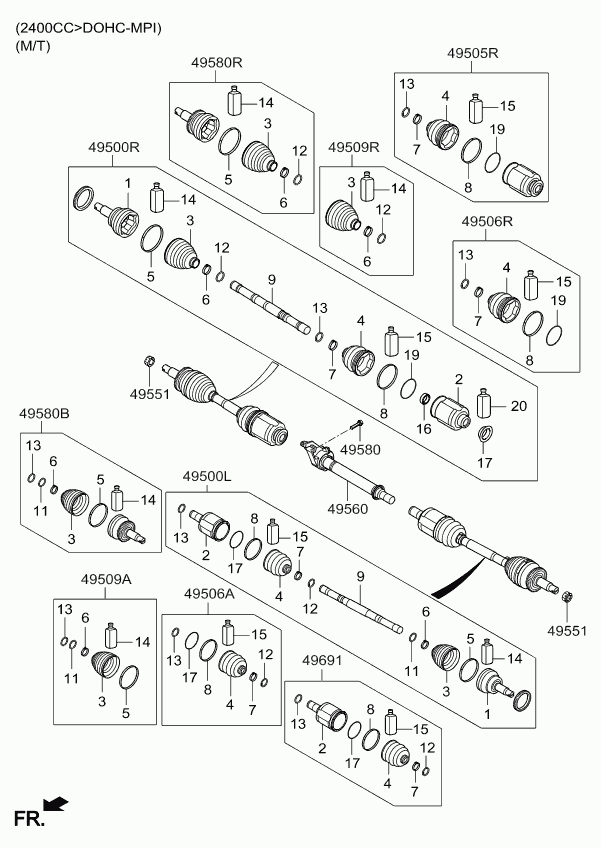 KIA 49580C5100 - Шарнирный комплект, ШРУС, приводной вал autospares.lv