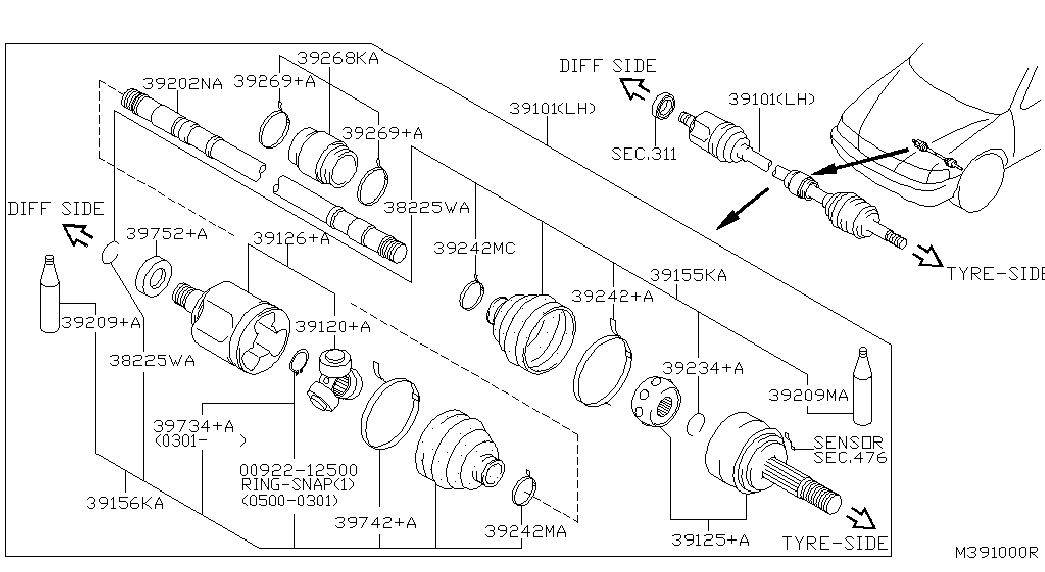 NISSAN 39711-0E505 - Шарнирный комплект, ШРУС, приводной вал autospares.lv